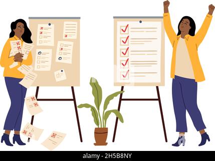 Successful time management. Failed plans or task. Angry and happy women, checklist. Managers lists, office or business girl vector characters Stock Vector