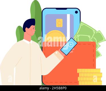 E-wallet concept. Mobile digital app, using access credit card. Payment with phone, cashless business deal. Man pays, transaction utter vector concept Stock Vector