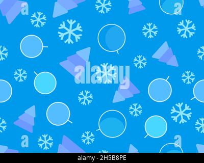 Seamless pattern with Christmas trees, Christmas balls and snowflakes. Blue color. Xmas festive background for printing on promotional materials, wrap Stock Vector