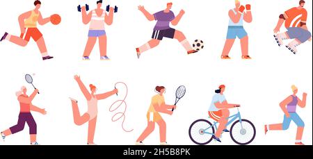 Sport people characters. Healthy women running, professional athlete. Person playing soccer, isolated sporting woman. Runner tennis player utter Stock Vector