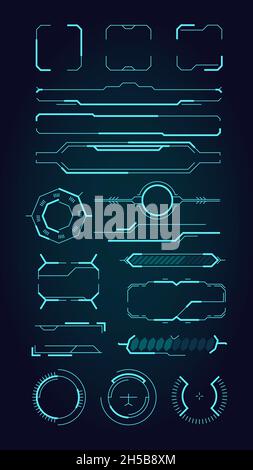 Hud ui elements. Sci fi infographic modern space symbols for web design interface futuristic digital frames for screen and dividers vector set Stock Vector