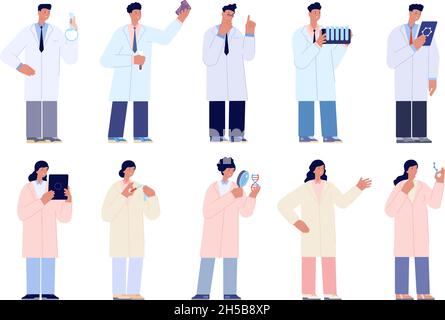 Research characters. Lab scientist, science doctors team. Medical laboratory, chemistry biotechnology or pharmacy utter vector set flat persons Stock Vector
