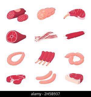 Meat sausage. Fresh raw meats, sausages and uncooked pork. Cartoon dinner ingredients, bacon beef salami. Food products recent vector elements Stock Vector