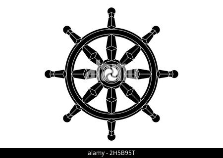 Dharma wheel logo icon. Buddhism sacred symbol. Dharmachakra. Vector illustration isolated on white background Stock Vector
