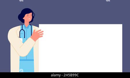 Doctor holding banner. Woman medical character with blank sheet, female hospital ad poster vector concept Stock Vector