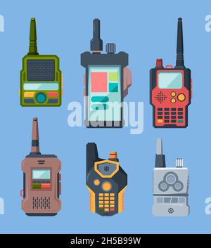 Radio devices. Talk military or police station transceiver garish vector set in cartoon style Stock Vector