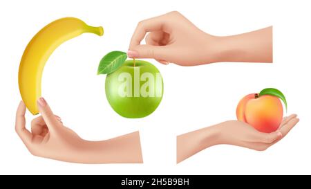 Fruits in hands. Realistic arms holding apple peach banana, isolated human with food vector set Stock Vector