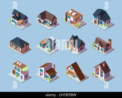 Cottages isometric. Luxury houses small villages residential towns facades garish vector buildings Stock Vector