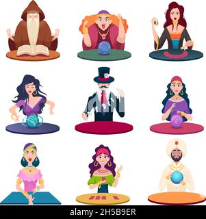 Fortune tellers with magic balls. Gypsy crystal balls and cards fairytale characters exact vector cartoon pictures Stock Vector