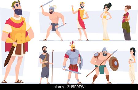 Ancient rome. Authentic clothes of rome traditional citizens medieval outfit coliseum warriors exact vector cartoon characters Stock Vector