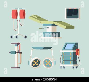 Hospital equipment. Medical items ambulance technology tomography dentistry ultrasound machines garish vector flat illustrations Stock Vector