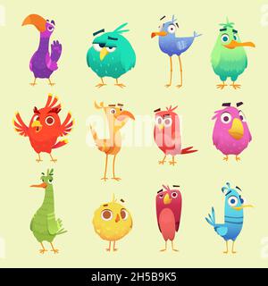 Cute cartoon birds. Funny circle owls cheerful animals with emoticons exact vector characters Stock Vector