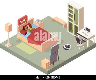 Sick people in bed. Flu character sneezing bad symptoms garish vector isometric interior concept Stock Vector