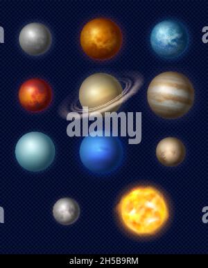 Planets realistic. Universe systems stars collection jupiter earth moon neptune various size of planets decent vector astronomy illustrations Stock Vector