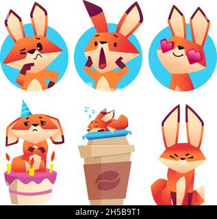 Emotional foxes avatars. Cute cartoon fox sleep on coffee mug, thinking and sadness on birthday cake vector set Stock Vector