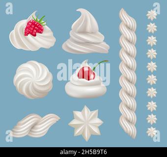 Cream swirls. Food liquid cream with fruits top of cakes decent vector realistic templates Stock Vector