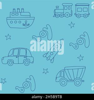 Vector doodle seamless pattern with toys. Hand draw collection of toys icons for baby shower or scrapbook. Cute illustration for children Stock Vector