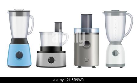 Meal juicer. Kitchen appliances for preparing healthy liquid food juice blender and mixers decent vector illustrations realistic Stock Vector