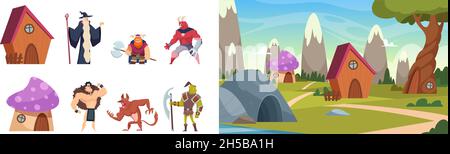 Magic heroes. Fairytale landscape, cute cartoon houses, magical forest vector illustration Stock Vector