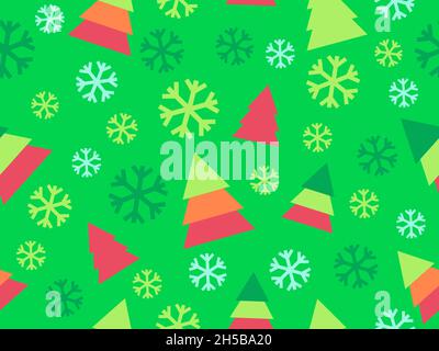 Seamless pattern with Christmas trees and snowflakes. Green and red color. Xmas festive background for printing on promotional materials, wrapping pap Stock Vector
