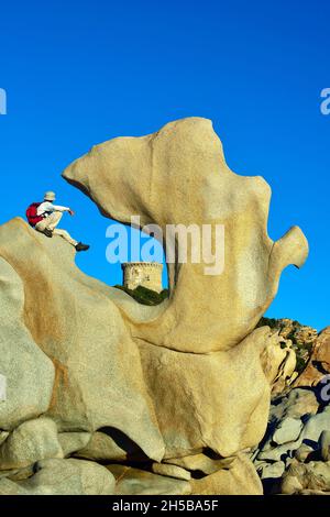ROCK AND GENOESE TOWER IN CAMPOMORO NEAR PROPRIANO, SOUTHERN CORSICA (2A), CORSICA, FRANCE Stock Photo