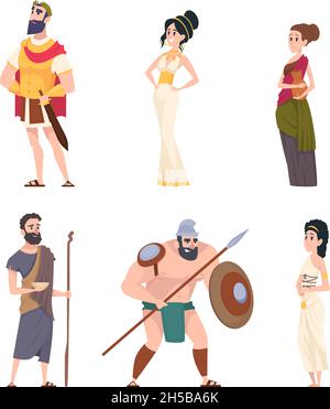 Ancient rome characters. Coliseum gladiator warriors with weapon citizens men traditional cultural persons exact vector people Stock Vector