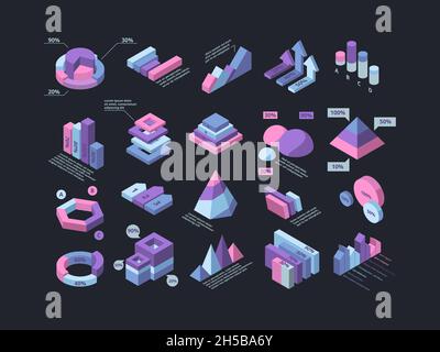 Hud isometric. Infographic 3d futuristic elements pyramid charts column timelines garish vector business collection Stock Vector