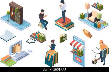 Online library. Isometric books people reading internet dictionary education concept icons garish vector illustrations Stock Vector
