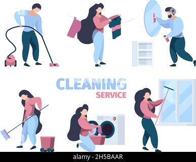 Cleaning service. Workers doing professional cleaning with equipment vacuum washing cleaner garish vector characters Stock Vector