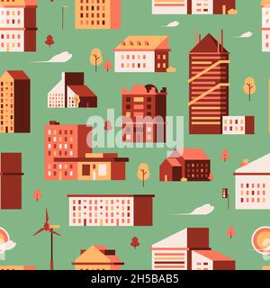 Houses seamless pattern. Urban buildings small city constructions garish vector background Stock Vector