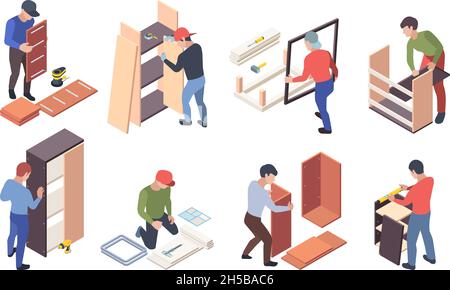 Furniture production. Upholstered instruments for wooden furniture crafting processes workers assembly shelves and desks garish vector isometric Stock Vector