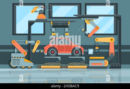 Smart industry. Conveyor with robotic hands machining systems garish vector cartoon background Stock Vector