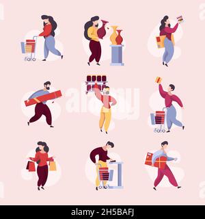 Buyers in shop. Supermarket characters with basket and products shelves garish vector buyers Stock Vector