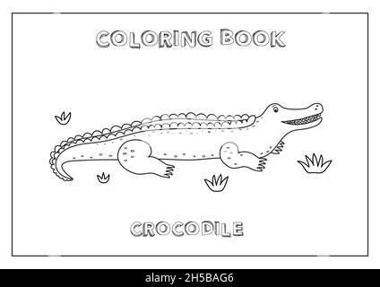 Kids Coloring book with Crocodile. Black and white, made in vector. Stock Vector