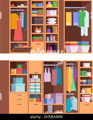 Wardrobe. Open and closed doors of home storage for clothes interior organized wardrobe vector set Stock Vector