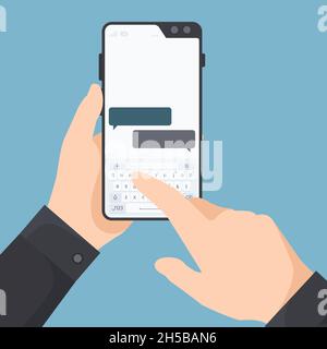 Smartphone in hands. Man holding telephone and tapping in web chat on screen send messages garish vector keyboard Stock Vector
