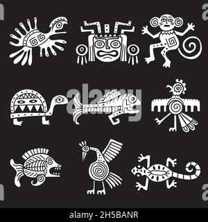 Ancient mexican symbol. Aztec tribal traditional symbols ornamental animals mayan objects recent vector illustrations Stock Vector