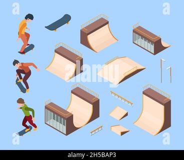 Sport skate park. Outdoor activities urban teenagers skaters in action poses jumping on trampoline and railings vector isometric set Stock Vector