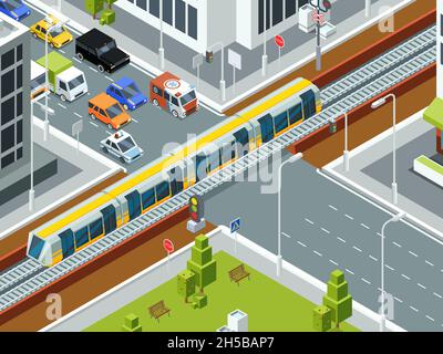 Railway crossing isometric. Trains cars rails traffic barrier stations vector background Stock Vector