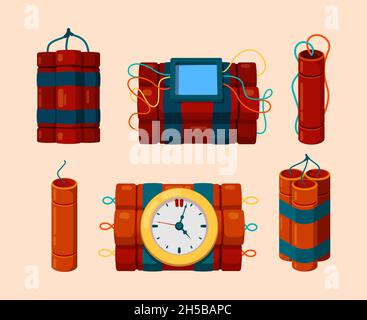 Dynamite. Dangerous symbols red dynamite sticks with timer for bomb explosion vector cartoon illustrations Stock Vector