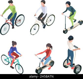 Bike people isometric. Persons riding bicycles fitness outdoor activities garish vector transport illustrations Stock Vector