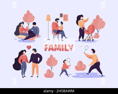 Family couples. Stylized happy characters parents mother and father with kids in various situation adult standing garish vector set Stock Vector