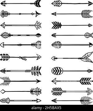 Boho arrows. Bows stylized weapons in ethno style arrows with feathers recent vector drawn set for logo design Stock Vector