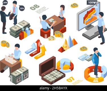 Financial concept isometric. Businessman money holding consulting graph company people vector concept Stock Vector