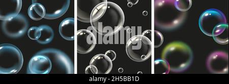 Flying transparent bubbles. Soap foam, color blue white bubble vector background set Stock Vector
