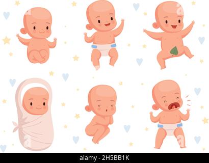 Infant new born. Toddler babies activity cute cheerful characters nowaday vector cartoon set Stock Vector