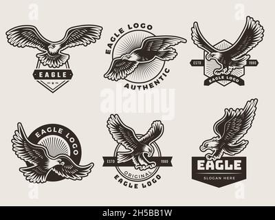 Eagles emblem. Stylized logotypes and badges with freedom birds wings silhouettes motorbike recent vector pictures Stock Vector