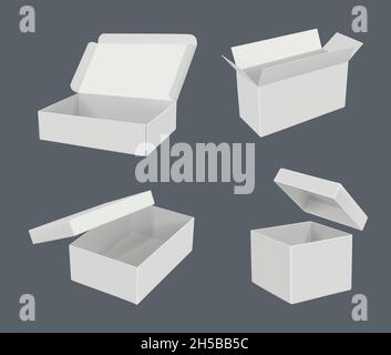 Open realistic boxes. Packages templates cardboard empty containers decent vector blank mockup Stock Vector