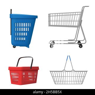 Shopping cart realistic. Grocery bag for retail product decent vector illustrations template Stock Vector