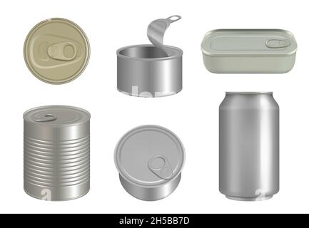 Steel cans. Canned beverages packages for products and drinks decent realistic metal containers vector pictures Stock Vector